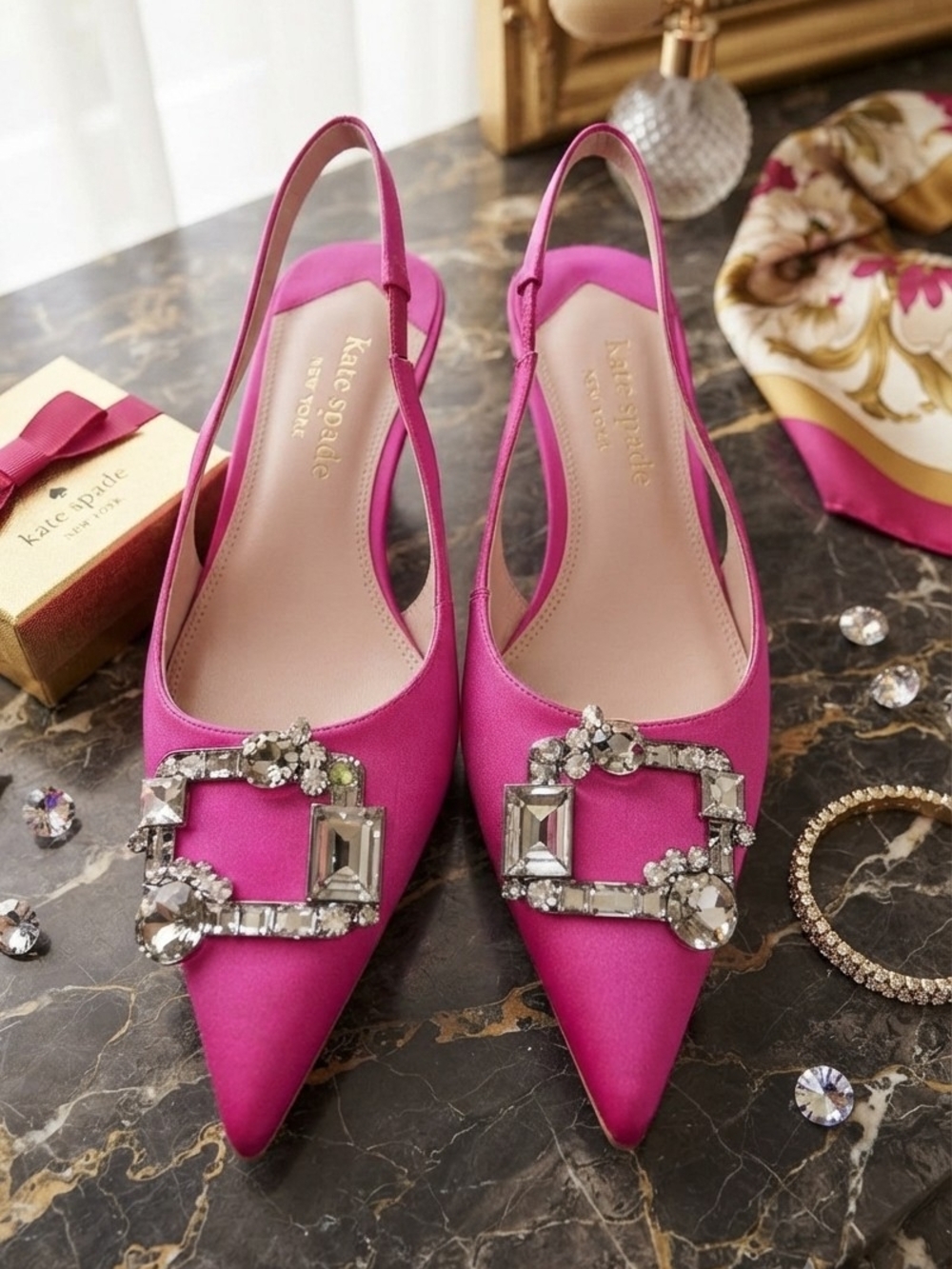 Kate Spade Renata Hot Pink Satin Slingback Pumps With Crystle Buckles Size 7
